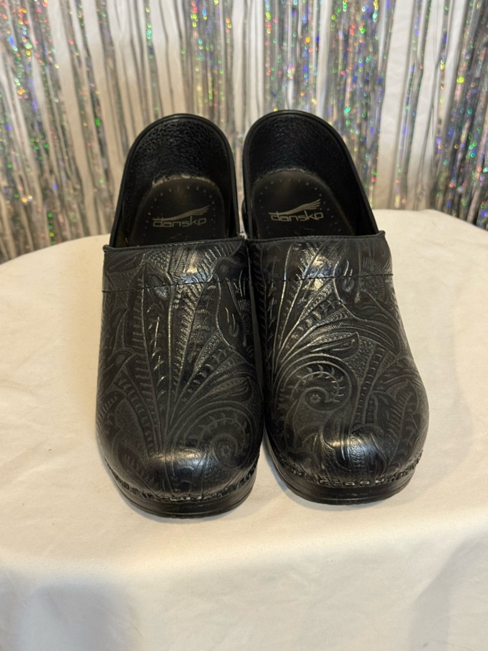 Dansko Black Embossed Leather Clogs